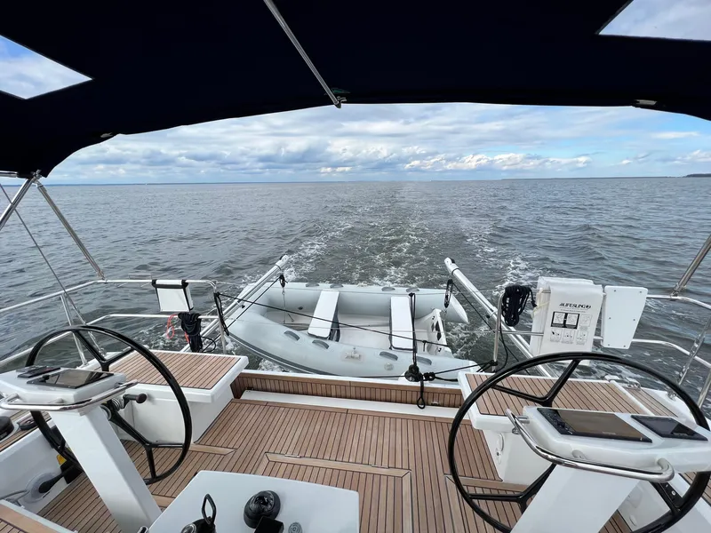 Slide: The Image of Beneteau Oceanis 46.1 yacht deck view, 2022 model, sailing on open water. - 5