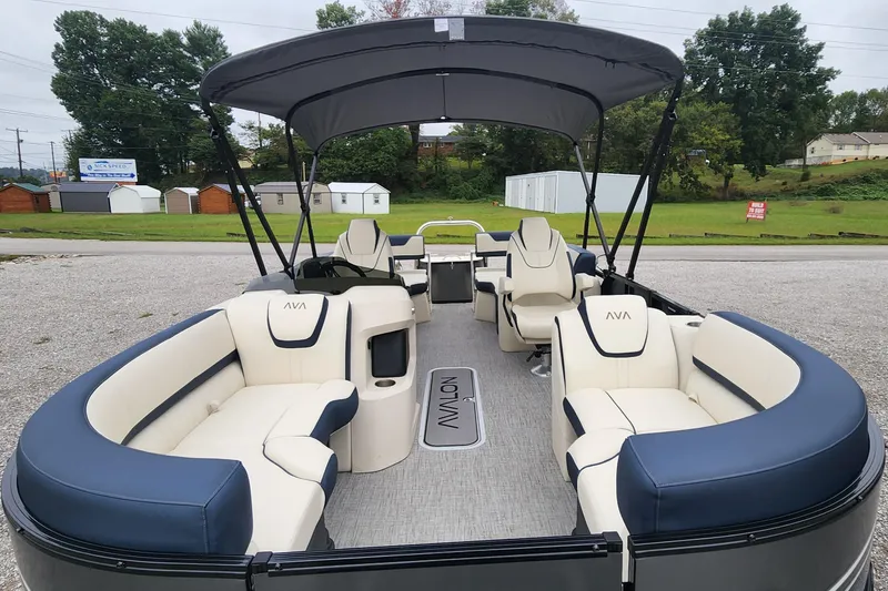 Slide: The Image of 2025 Avalon Platinum LSZ 2185 Quad Lounger Shift pontoon boat with spacious seating and canopy. - 4