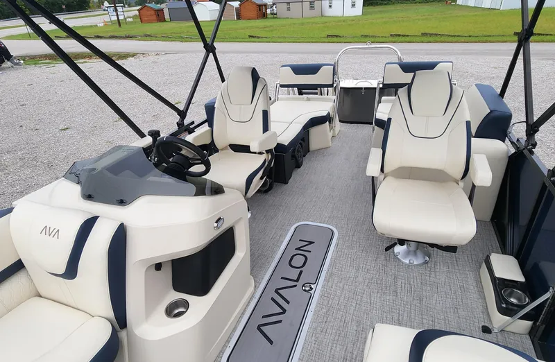 Slide: The Image of 2025 Avalon Platinum LSZ 2185 Quad Lounger Shift pontoon boat interior with luxurious seating. - 5
