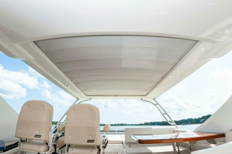Slide: The Image of 2015 Sea Ray L659 Fly yacht interior with seating and table under canopy. - 24