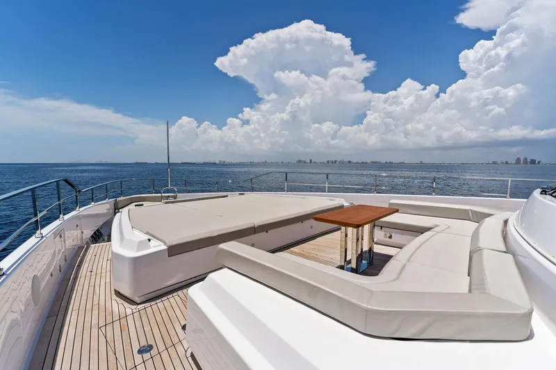 Slide: The Image of Luxurious 2024 Custom Line Navetta 33 yacht deck with seating, ocean view, and clear skies. - 27