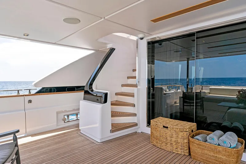 Slide: The Image of Luxurious 2024 Custom Line Navetta 33 yacht deck with stairs and ocean view. - 34
