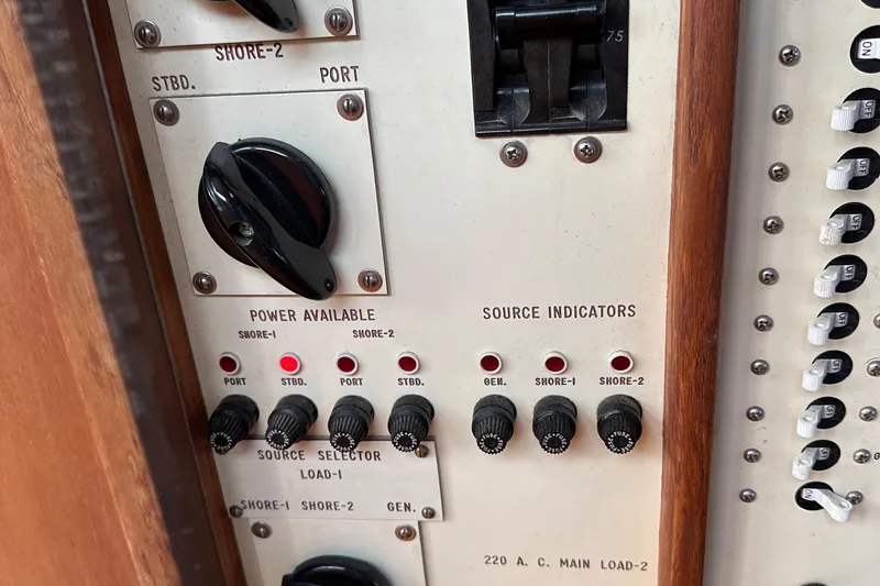 Slide: The Image of Control panel of a 1986 Wilbur Hunt Yachts, featuring power and source indicators. - 42