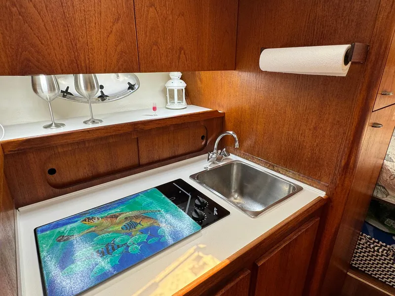 Slide: The Image of Compact kitchen area in 2000 Tiara Yachts 3100 Open, featuring sink and stove. - 13
