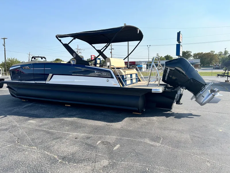 Slide: The Image of 2025 Balise HORIZON 24L pontoon boat with canopy and outboard motor. - 5