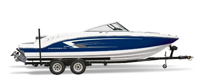 The Image of 2025 Chaparral 23 SSi boat on trailer, side view, blue and white design. - 0