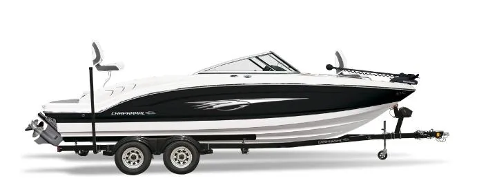 Slide: The Image of 2025 Chaparral 21 SSi Ski & Fish boat on trailer, side view. - 0
