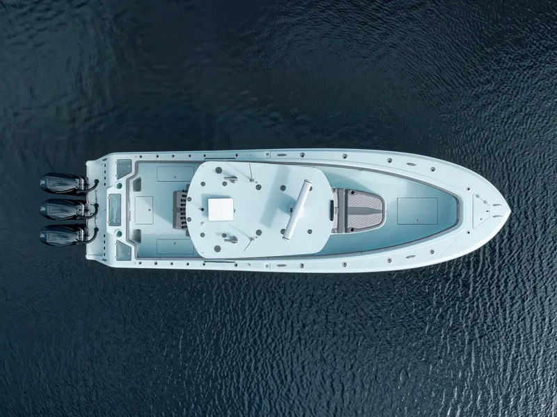 Slide: The Image of Aerial view of 2024 Front Runner 36 Center Console boat on water. - 16