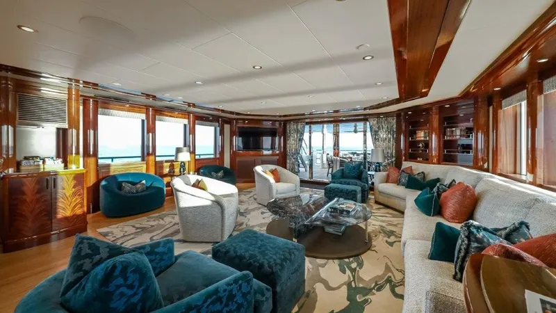Slide: The Image of Luxurious 2013 Westport W164 yacht interior with elegant seating and panoramic ocean views. - 26