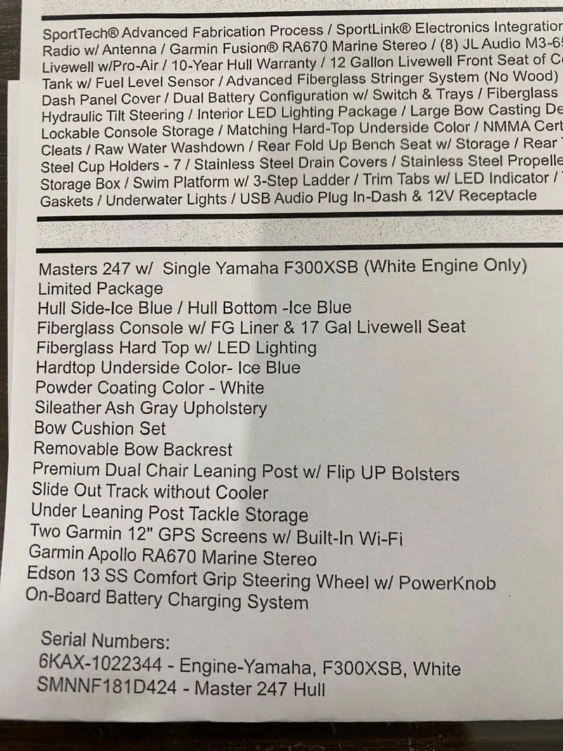 Slide: The Image of 2024 Sportsman Masters 247 features and specifications list with Yamaha F300XSB engine details. - 3