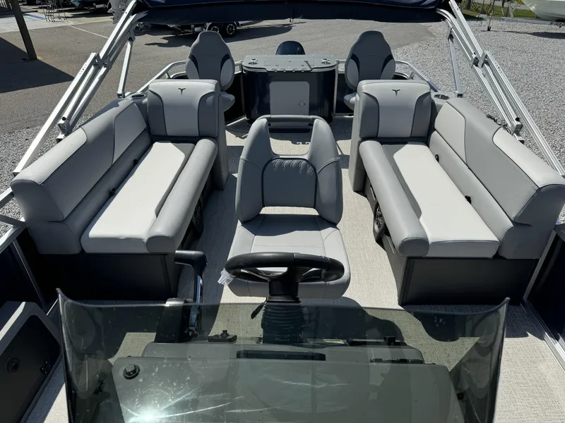 Slide: The Image of 2025 Tahoe Pontoon Sport 85, 23 FT center console, spacious seating, modern design. - 4