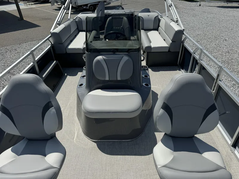 Slide: The Image of 2025 Tahoe Pontoon Sport 85, 23 FT center console fishing boat interior with seating. - 7