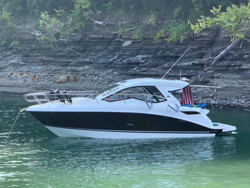 The Image of 2018 Sea Ray Sundancer 350 Coupe yacht on calm water near rocky shoreline. - 0