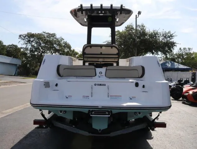 Slide: The Image of Yamaha Boats 2025 255 FSH SPORT H-SEAFOAM G, T-top with rod holders and speakers. - 3