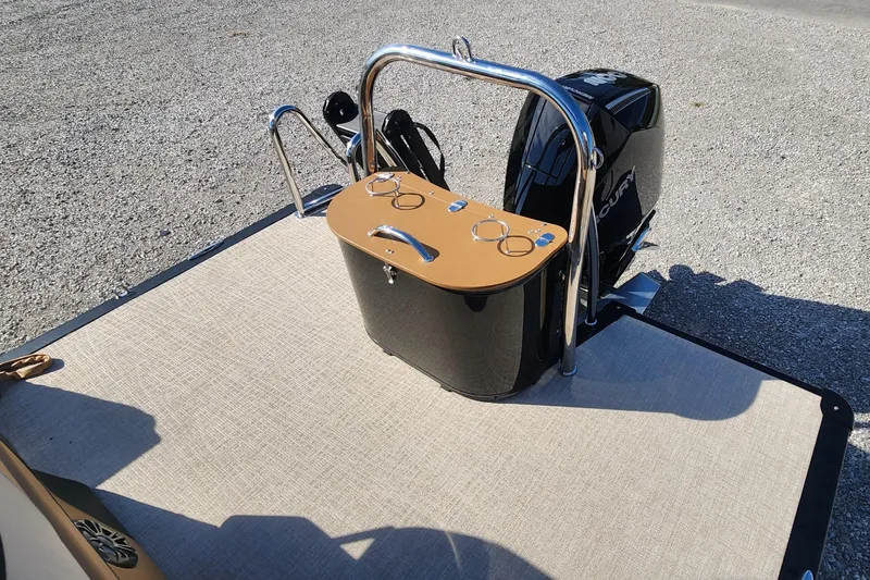 Slide: The Image of 2025 Avalon Platinum LSZ 2385 Cruise Rear Bench with motor and railing on deck. - 10