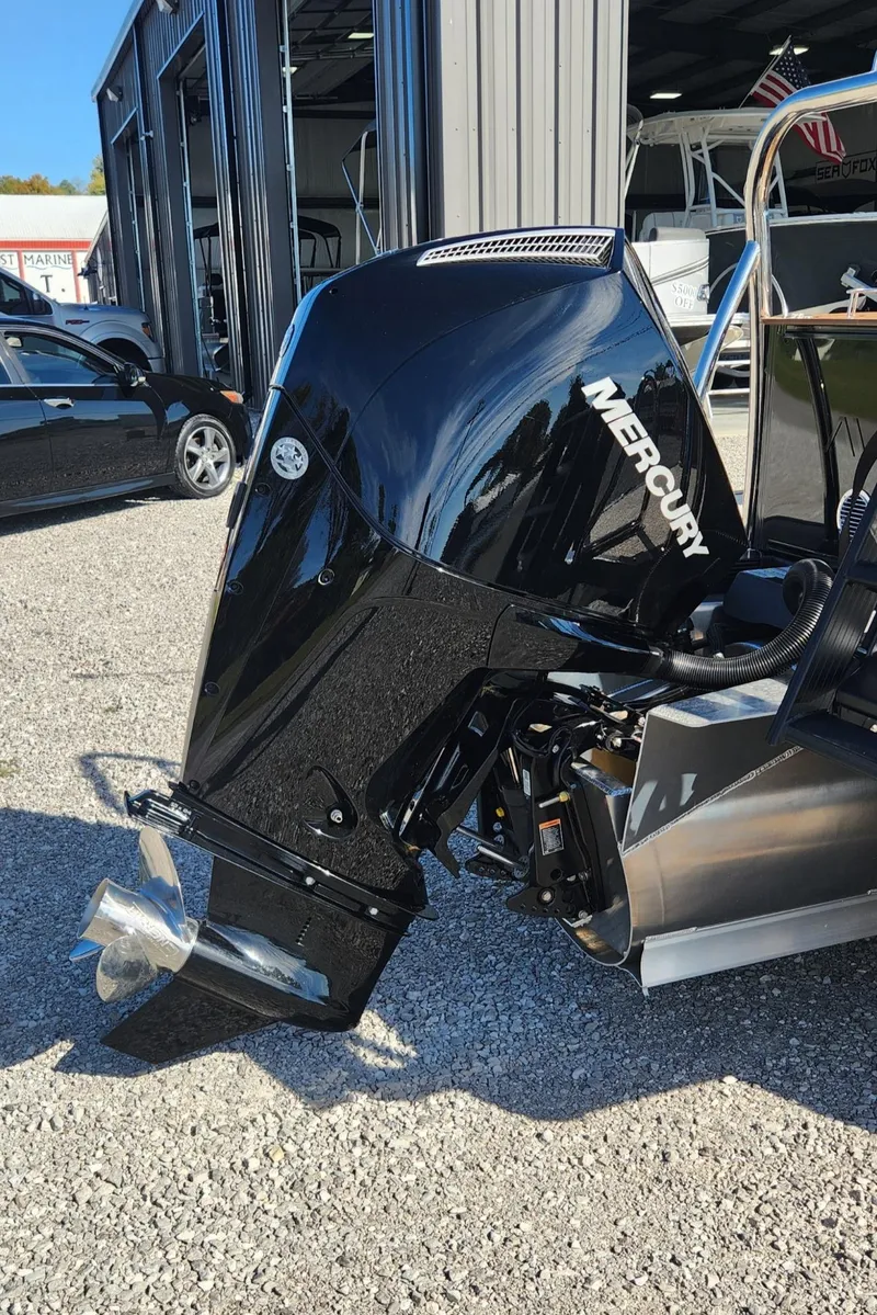 Slide: The Image of 2025 Avalon Platinum LSZ 2385 Cruise Rear Bench with Mercury outboard motor. - 12
