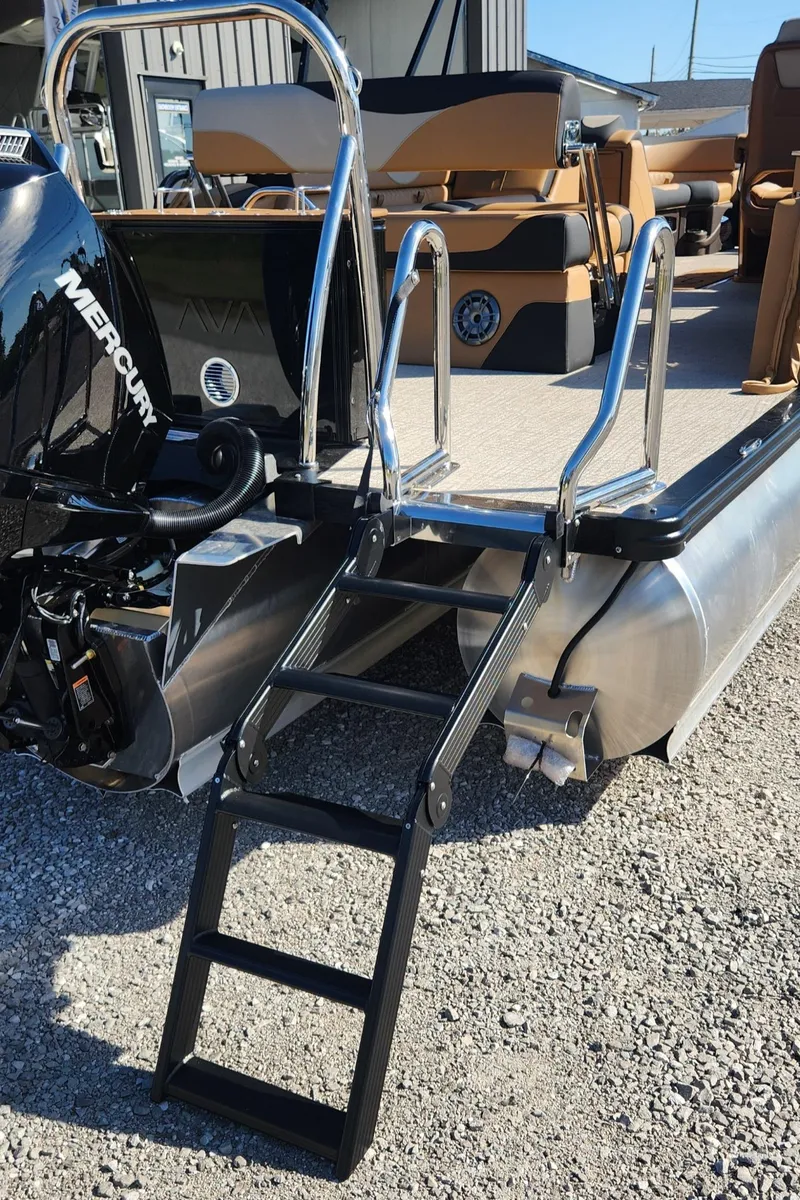 Slide: The Image of 2025 Avalon Platinum LSZ 2385 Cruise Rear Bench with ladder and Mercury engine. - 13