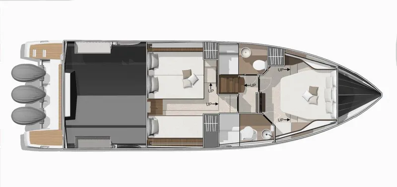Slide: The Image of Floor plan of 2025 Wellcraft 44 Explorer boat with three outboard engines. - 13