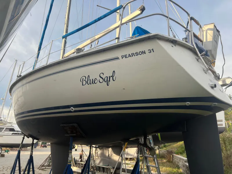 Slide: The Image of 1987 Pearson 31-2 sailboat "Blue Sgrl" on dry dock, ready for maintenance. - 25