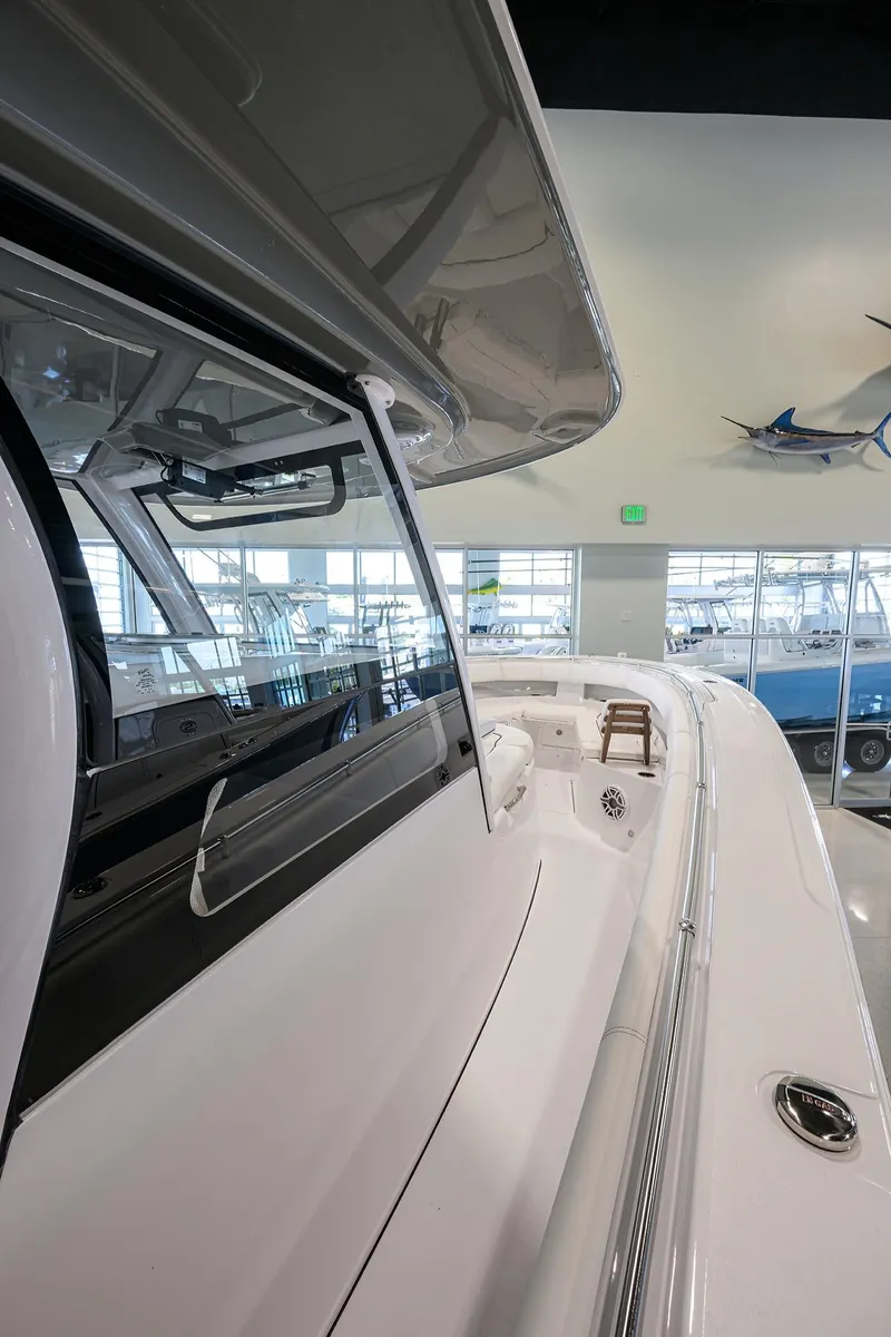 Slide: The Image of 2025 Sportsman Open 352 boat interior, showcasing sleek design and modern features. - 19
