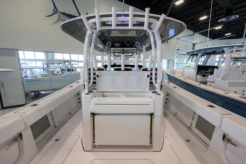 Slide: The Image of 2025 Sportsman Open 352 boat interior with modern helm and seating. - 29