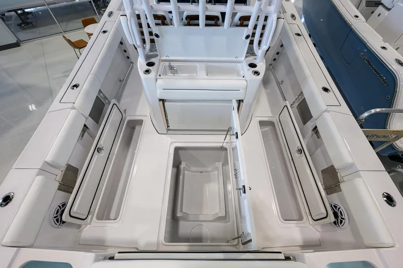 Slide: The Image of 2025 Sportsman Open 352 boat interior, featuring spacious seating and modern amenities. - 33