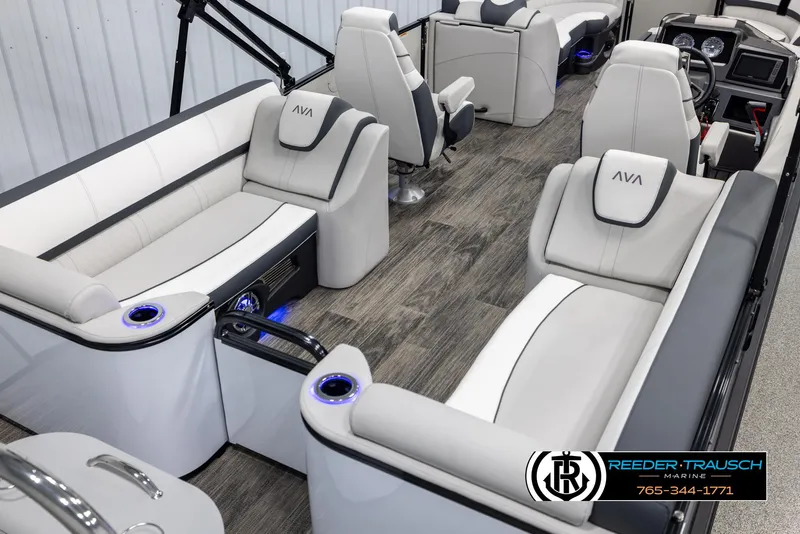 Slide: The Image of Luxurious interior of 2025 Avalon Catalina QL pontoon boat with plush seating and modern design. - 12