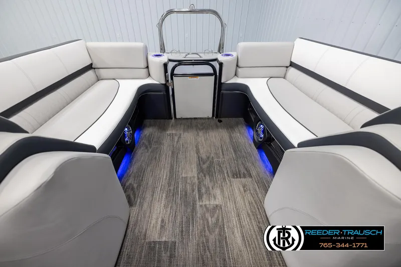 Slide: The Image of Interior of 2025 Avalon Catalina QL pontoon boat with luxurious seating and ambient lighting. - 15