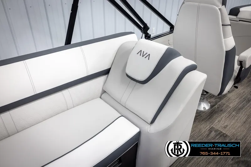 Slide: The Image of 2025 Avalon Catalina QL boat interior with luxurious white and gray seating. - 23
