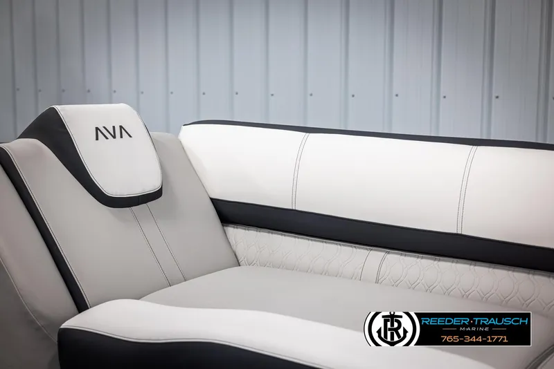 Slide: The Image of 2025 Avalon Catalina QL boat seating with elegant design and Reeder-Trausch Marine branding. - 35