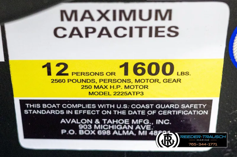 Slide: The Image of Maximum capacity label for 2025 Avalon Catalina QL boat, 12 persons or 1600 lbs. - 48
