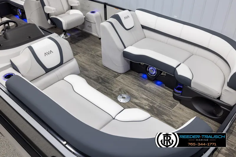 Slide: The Image of Luxurious interior of 2025 Avalon Catalina QL pontoon boat with plush seating and ambient lighting. - 9