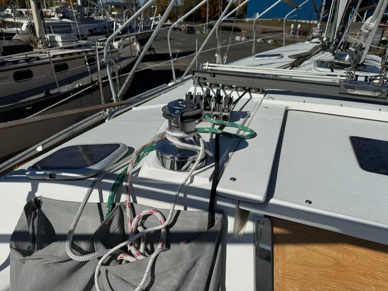 Slide: The Image of 2004 Catalina 42 MkII sailboat deck with winch and rigging details. - 23