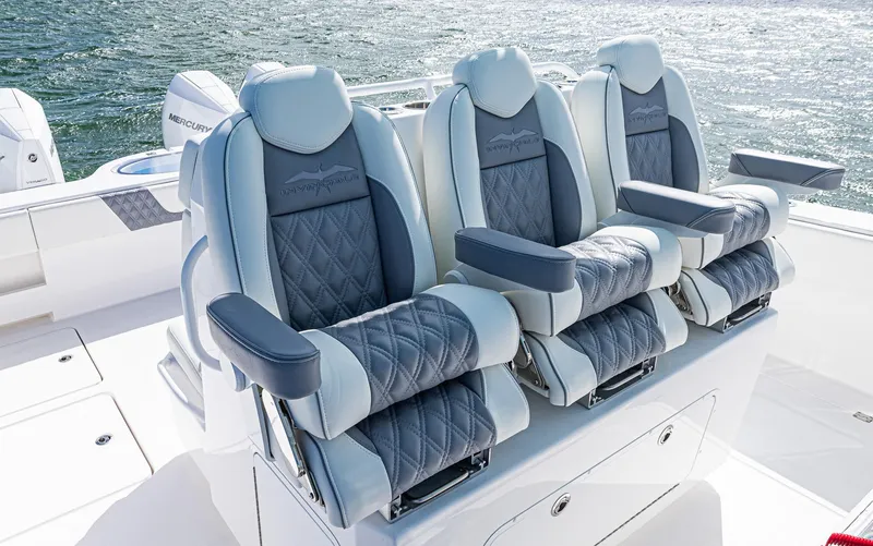 Slide: The Image of Luxurious seating on 2025 Invincible 35 Catamaran, featuring plush, ergonomic design. - 17