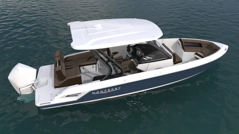 Slide: The Image of 2025 Monterey Elite 27 OB boat on water, featuring sleek design and modern amenities. - 2