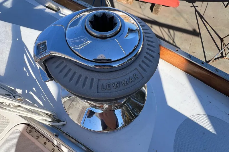 Slide: The Image of Chrome Lewmar winch on 1967 Hinckley Bermuda sailboat deck. - 26