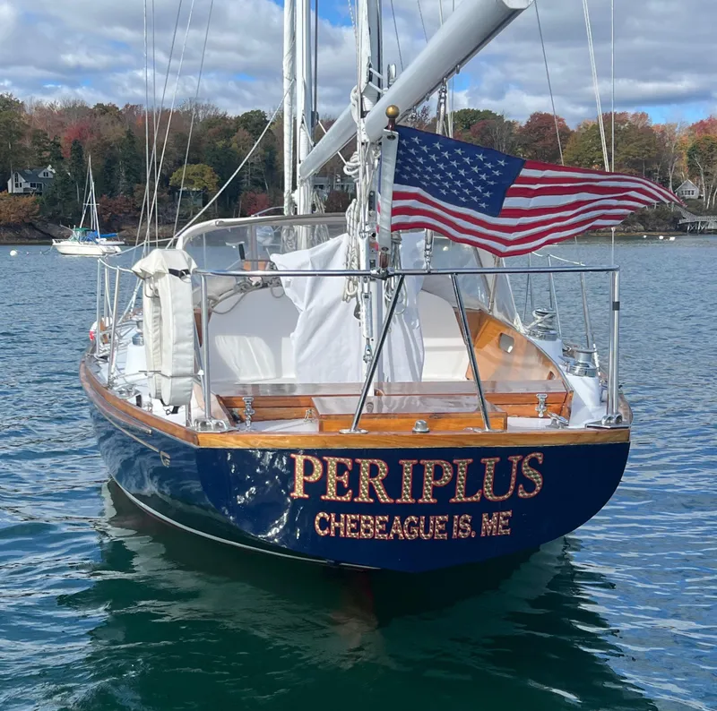 Slide: The Image of 1967 Hinckley Bermuda sailboat "Periplus" with American flag, Chebeague Island, Maine. - 3