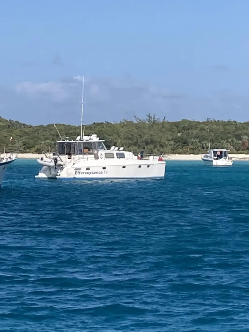 Slide: The Image of Broadblue 435 catamaran anchored near a tropical shoreline, 2010 model. - 3