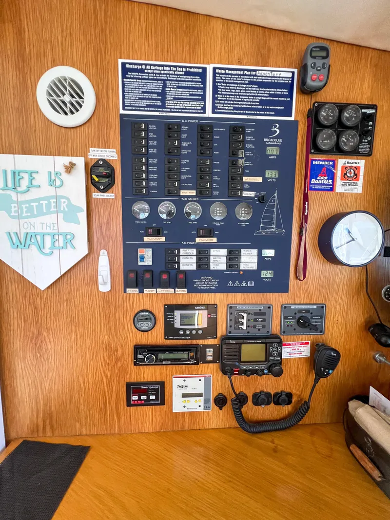 Slide: The Image of Control panel of a 2010 Broadblue 435 catamaran with navigation instruments and decor. - 45