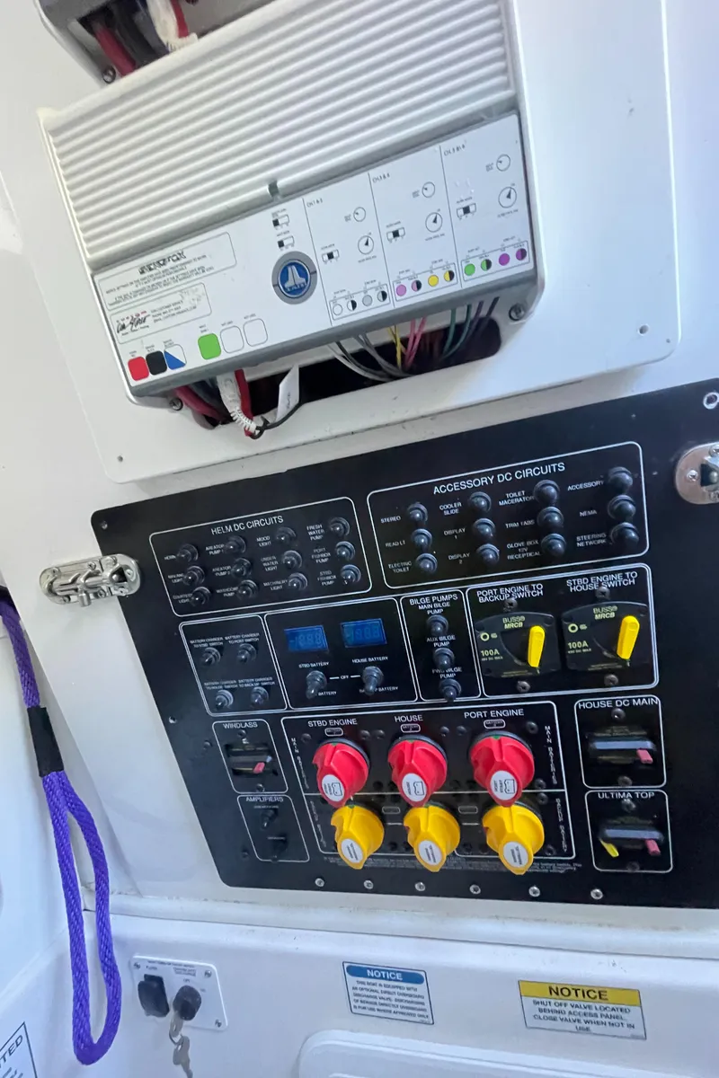 Slide: The Image of Control panel of a 2021 Sea Fox 288 Commander boat with various switches and circuits. - 19