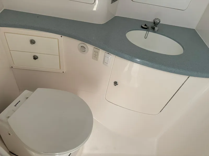 Slide: The Image of 2011 Intrepid 370 Cuddy bathroom with sink, toilet, and storage cabinets. - 15