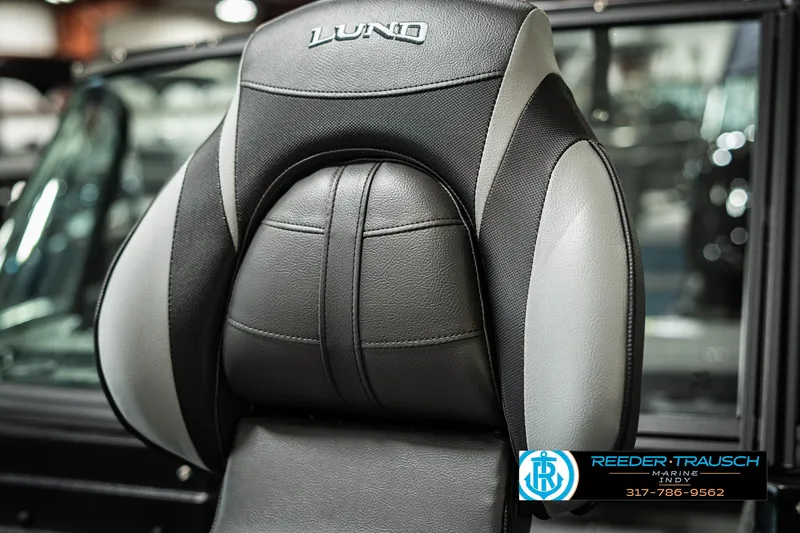 Slide: The Image of 2025 Lund 1775 Adventure Sport boat seat, black and gray design, close-up view. - 33