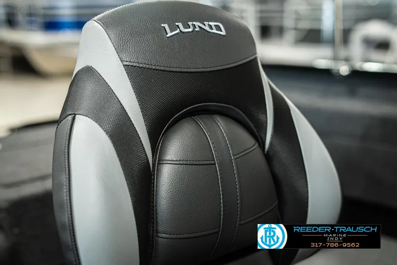 Slide: The Image of 2025 Lund 1775 Adventure Sport boat seat, black and gray design, close-up view. - 34