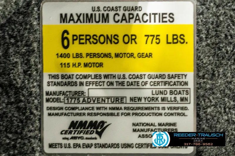 Slide: The Image of 2025 Lund 1775 Adventure Sport capacity label: 6 persons, 775 lbs, 115 HP motor. - 48