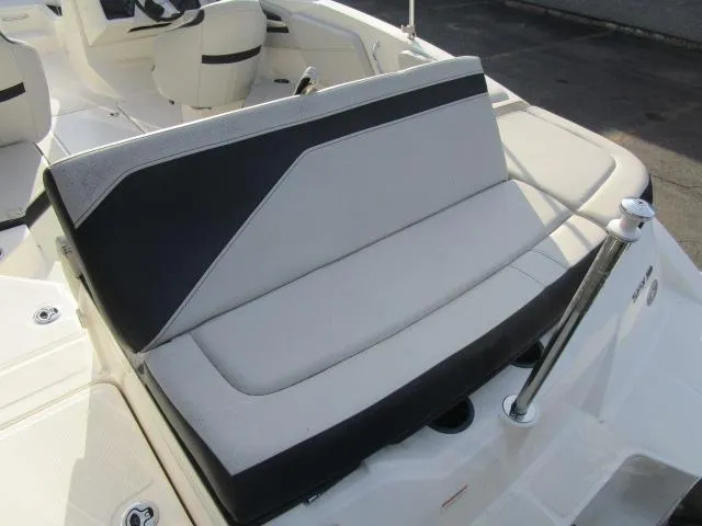 Slide: The Image of 2021 Sea Ray 210 SPX boat interior with sleek seating design. - 10