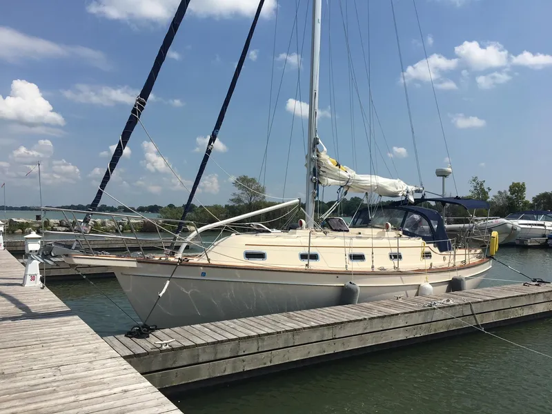 The Image of 1997 Island Packet 350 sailboat docked at marina under clear blue sky. - 0