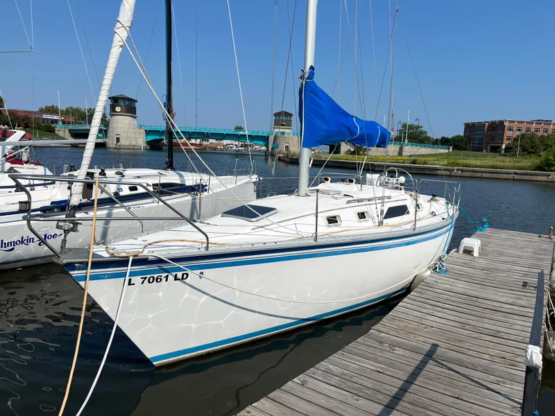 Slide: The Image of 1986 Hunter 31 sailboat docked at marina with blue sail cover. - 3