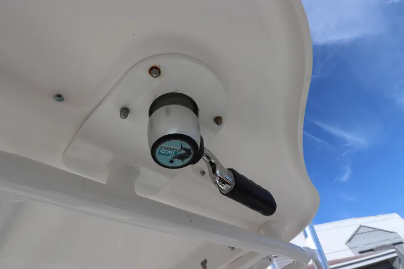 Slide: The Image of Close-up of Everglades 243 Center Console boat detail, 2012 model, against blue sky. - 19