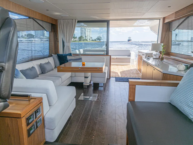 Slide: The Image of Luxurious interior of 2020 Sunseeker Predator 74 yacht with elegant seating and ocean view. - 19