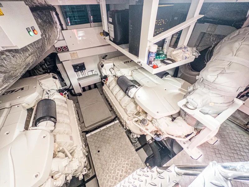 Slide: The Image of Engine room of 2020 Sunseeker Predator 74 yacht, featuring dual engines and equipment. - 47